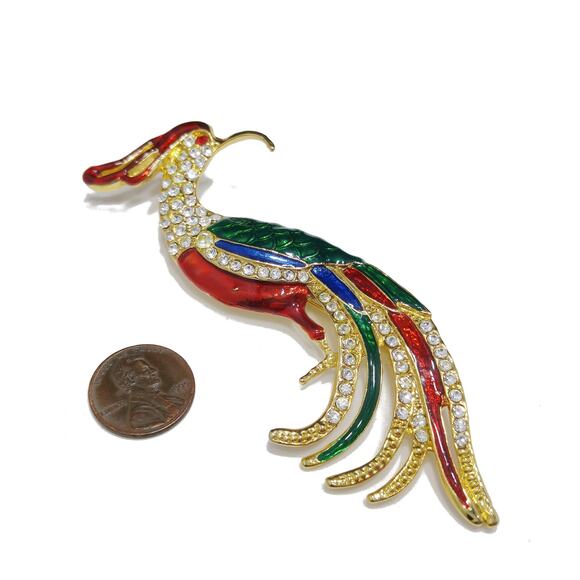Vintage Large "Bird of Paradise" Brooch, Bright Enamel, Clear Rhinestones, 1990s - Picture 1 of 10